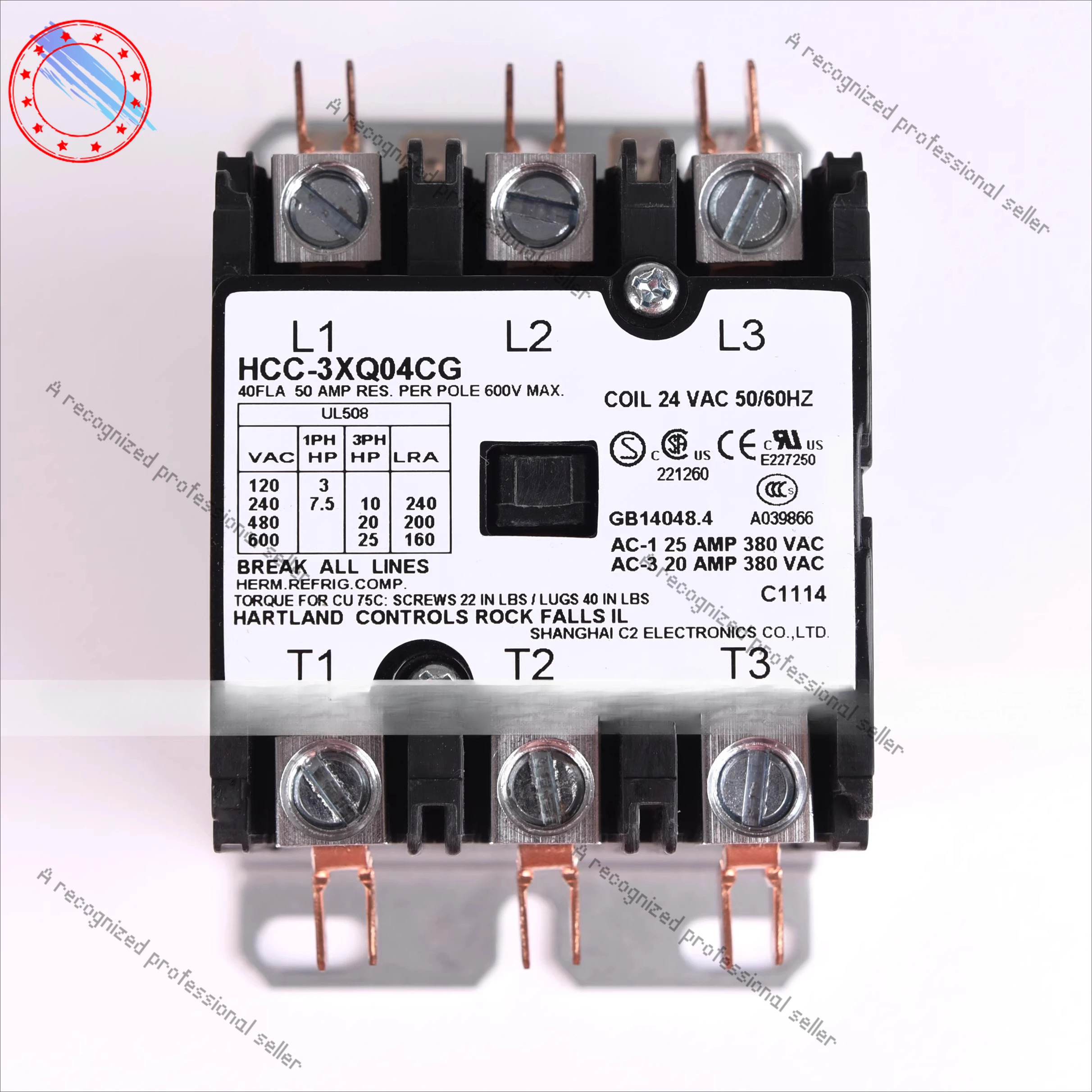 

24V 40A HCC-3XQ04CG UL CSA Hartland Controls Three Phase AC Contactor