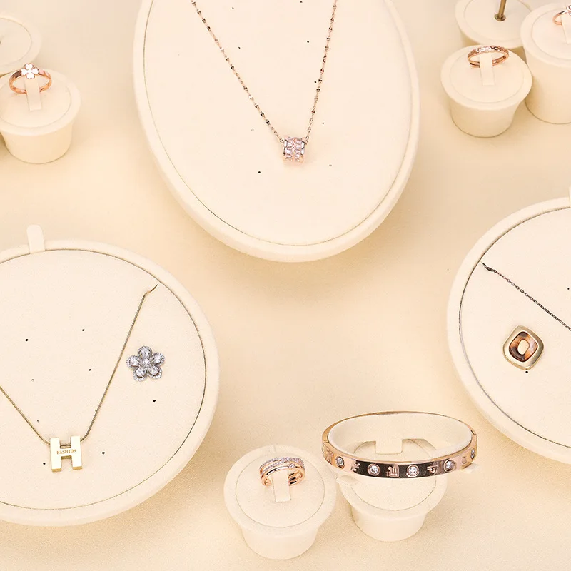 

Beige Suede Jewelry Display Props Counter Set Necklace Pendant Earrings Display Stand Shelf Ring Stand Disk