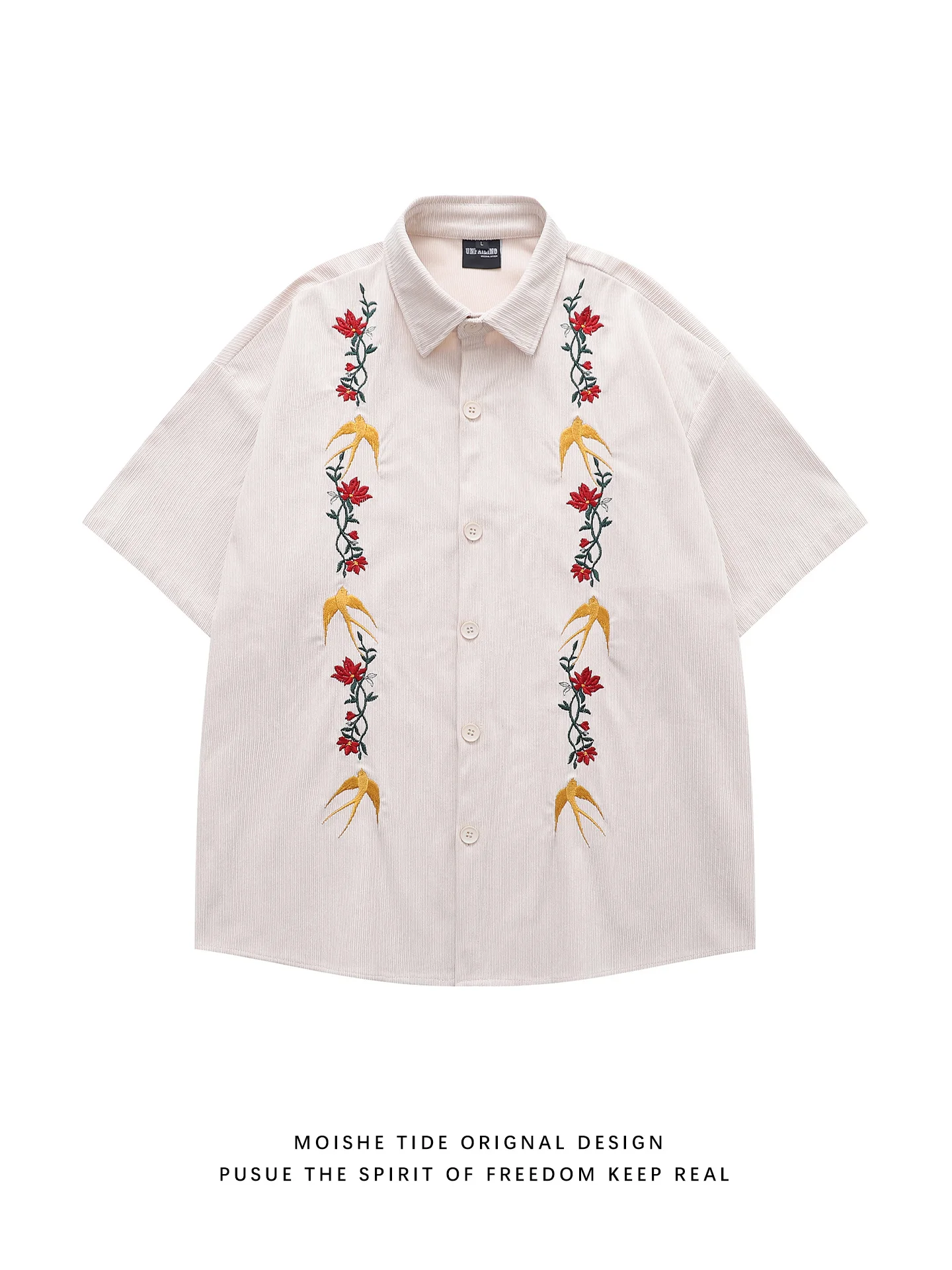 

Retro Floral Embroidery Corduroy ort Sve Men's irt Summer Loose Versatile Couple's irt Youth Faion Polyester Fiber