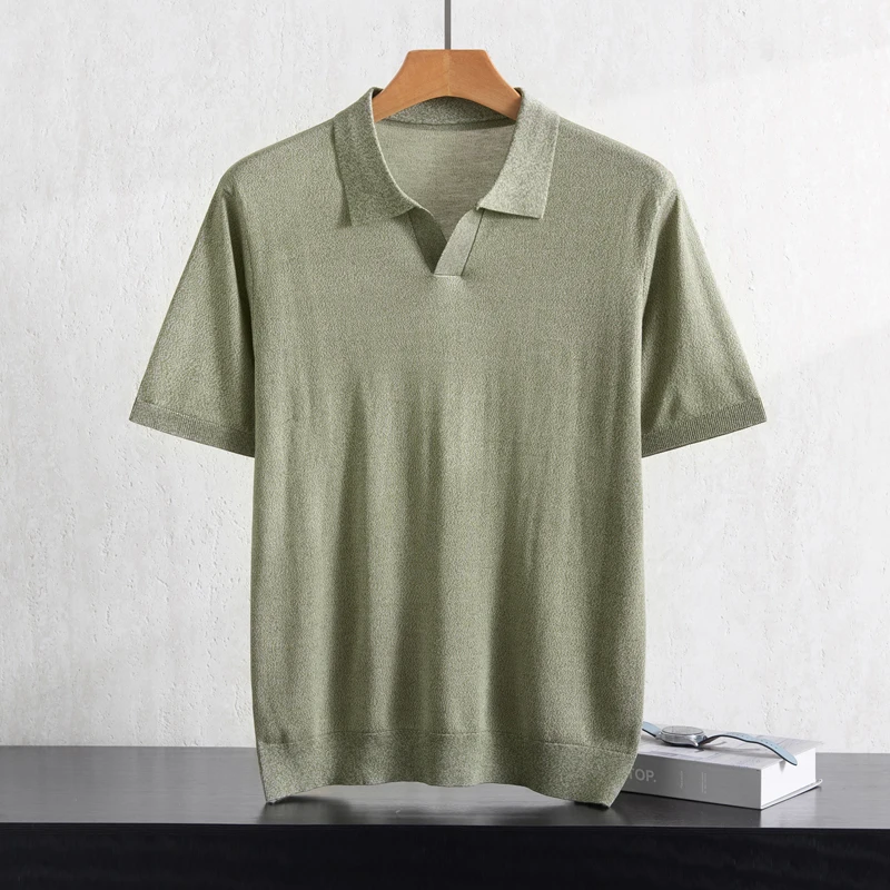 Men's Knit Business Polo T-Shirt Lyocell Breathable Elastic Slim Fit Solid Color Lapel Short Sleeve