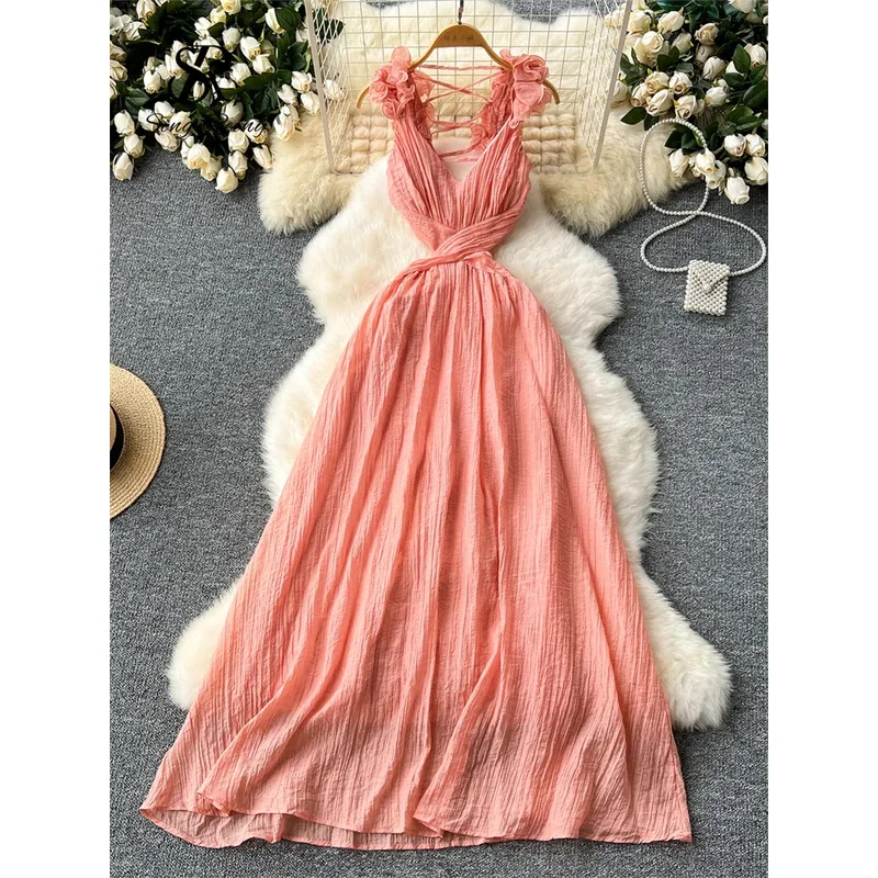 ZIXIN vacances robe Maxi dames 3D florale évider dos nu Sexy robe d'été de haute qualité plissée plage robe de soirée