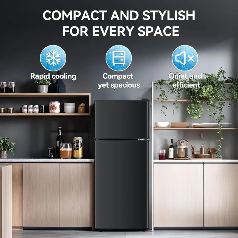 3.6 Cu.Ft Fridge with Freezer, Double Door Refrigerator with 6 Level Thermostat, LED Light, Adjustable Glass Shelves for Bedroom