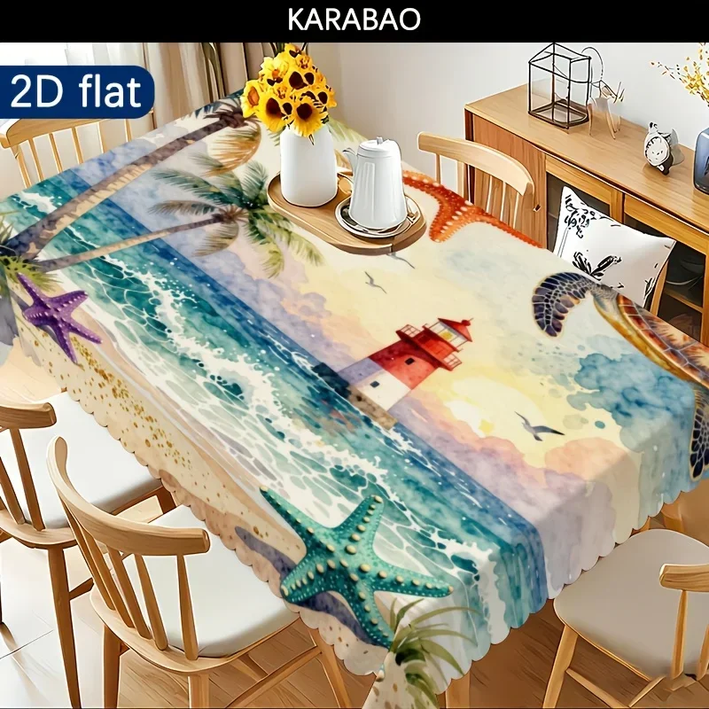 1 piece of tropical beach lighthouse star turtle coconut tree scenic tablecloth for creative home background fabric, yzb