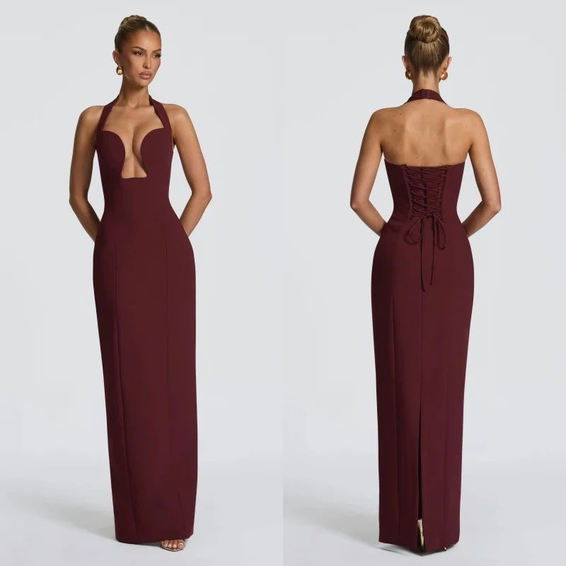 

White Halter Neck Prom Dress Deep V Cutout Lace-up Evening Gown Formal Dress For Wedding Party Women's Casual Dresses
