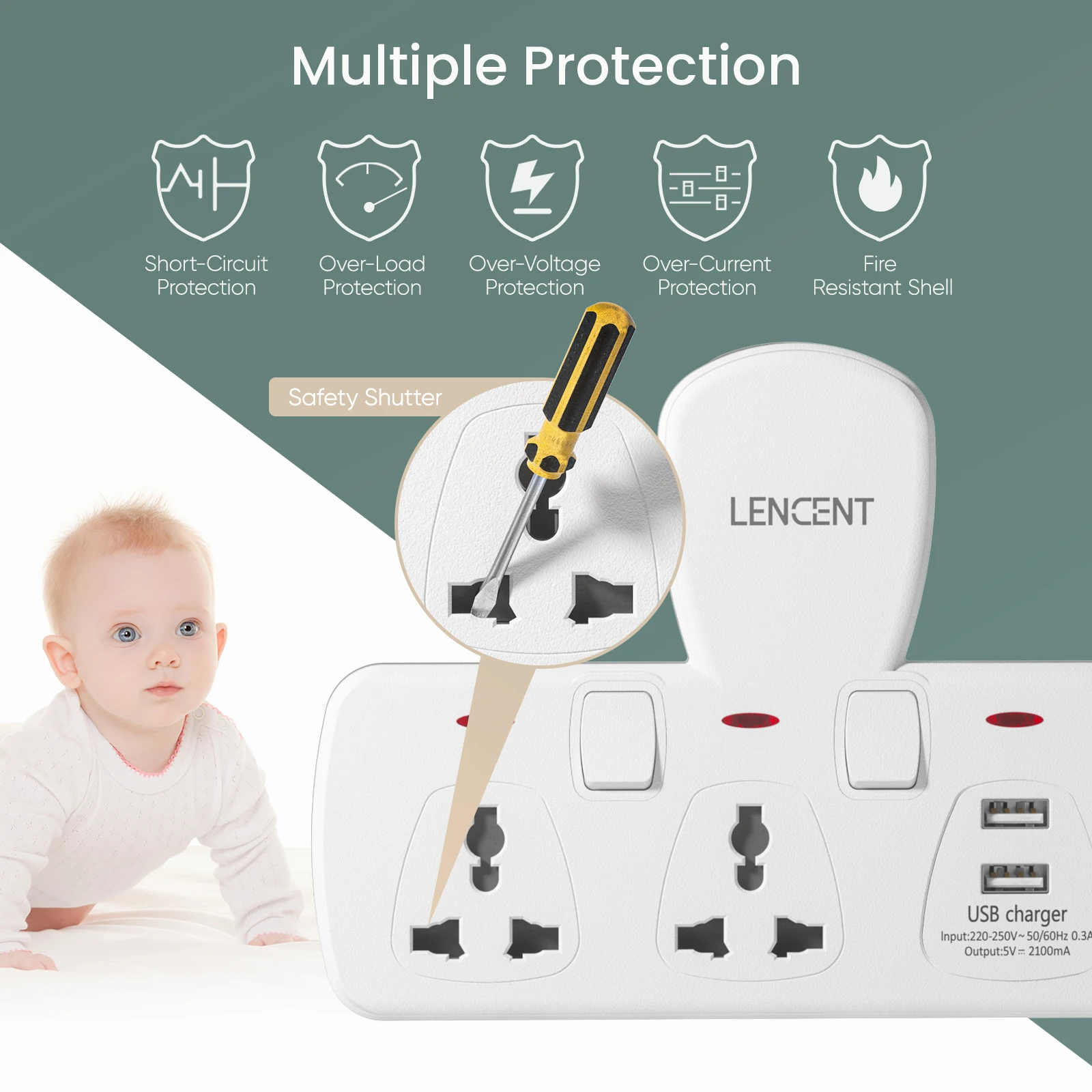 LENCENT Multi Plug Extension Socket with 2 Universal AC Outlets 2 USB Ports Extension Plug Adapter with Switch for Home Office