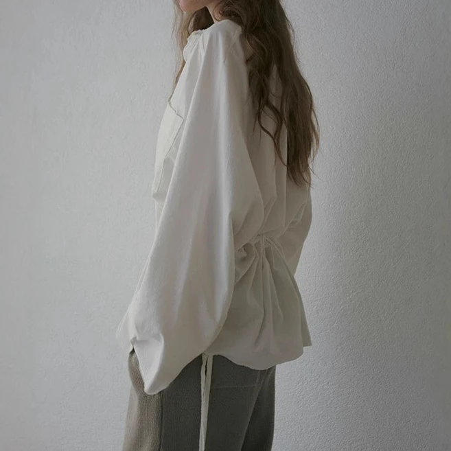 

Gagarich 2025 Spring Japanese Style Niche Design Waist Drawstring Pleated Slimming Long Sleeved Loose Lazy Women Shirt Top