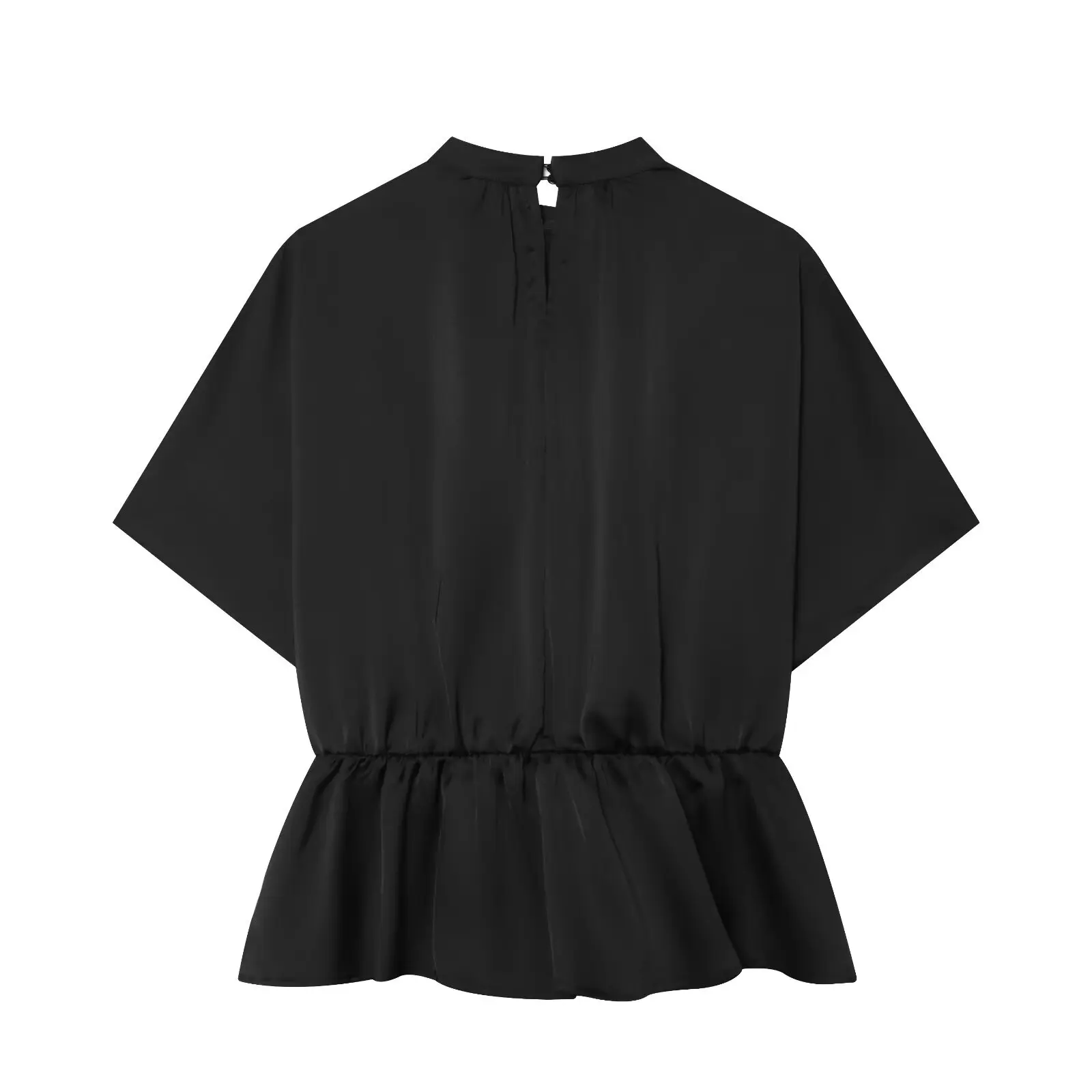 Womens Vintage Black Satin Top High Neck Twist Front Pleated Peplum Blouse Short Sleeve Loose Silk Shirt Evening Outfits