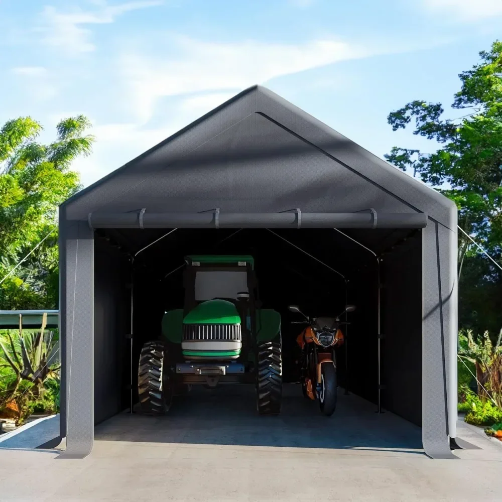 Outdoor Carport 10x20ft Heavy Duty Canopy Storage Shed, przenośny garaż ze zdejmowanymi ścienkami bocznymi i drzwiami, całoroczna plandeka, szara