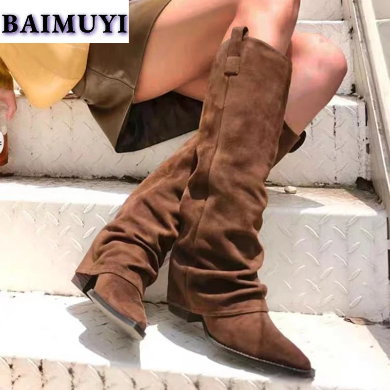 Women Pointed Toe High Boots Luxury Party Heels Shoes Woman Winter Suede Snow Boots 2025 Trend Chunky Plush Chelsea Botas Mujer