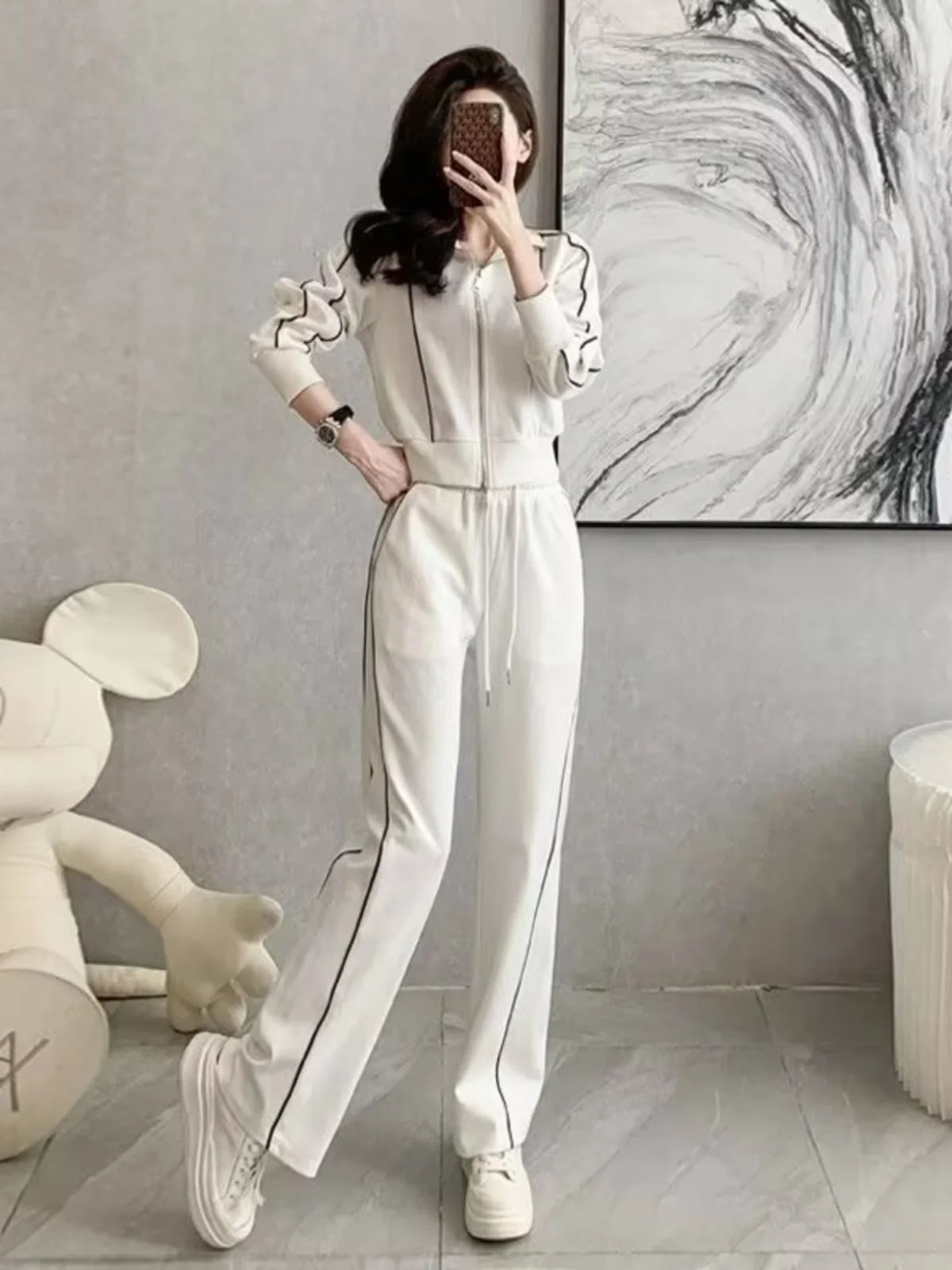 Street Style Casual Sportswear Set Women's Spring Autumn New Patchwork Stand Collar Waist Inward Open Cardigan Wide Leg Pants...