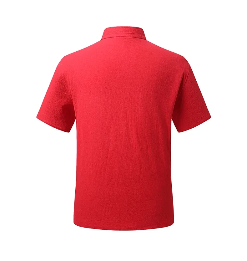 Men's Red Short-sleeve Cotton Shirt for Spring and Summer; Chinese-style Single-breasted Embroidered Shirts. 2027