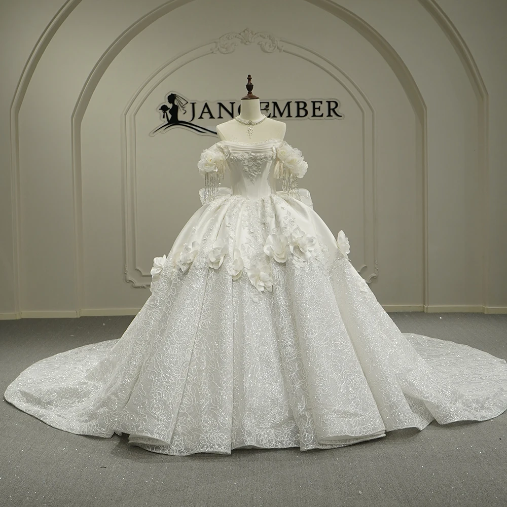 

Shiny Chic Wedding Dress Satin Fully Beaded With Princess Ball Gown Short Sleeves Bride Dress Scoop Customized Vestido De Novia