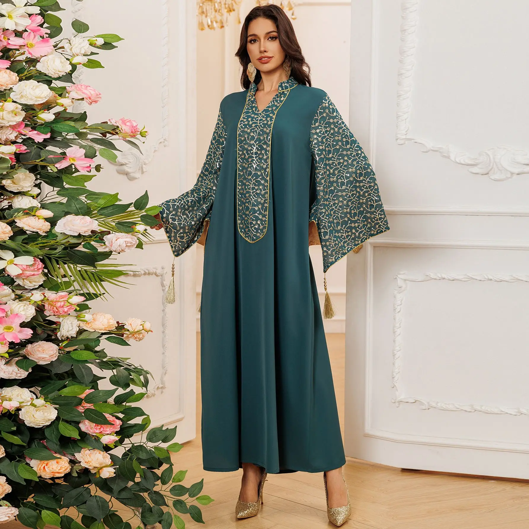 

Eid Abaya for Women Dubai Embroidery Tassels Muslim Evening Party Dress Turkey Arabic Kaftan Robe Islam Jalabiya Caftan Marocain