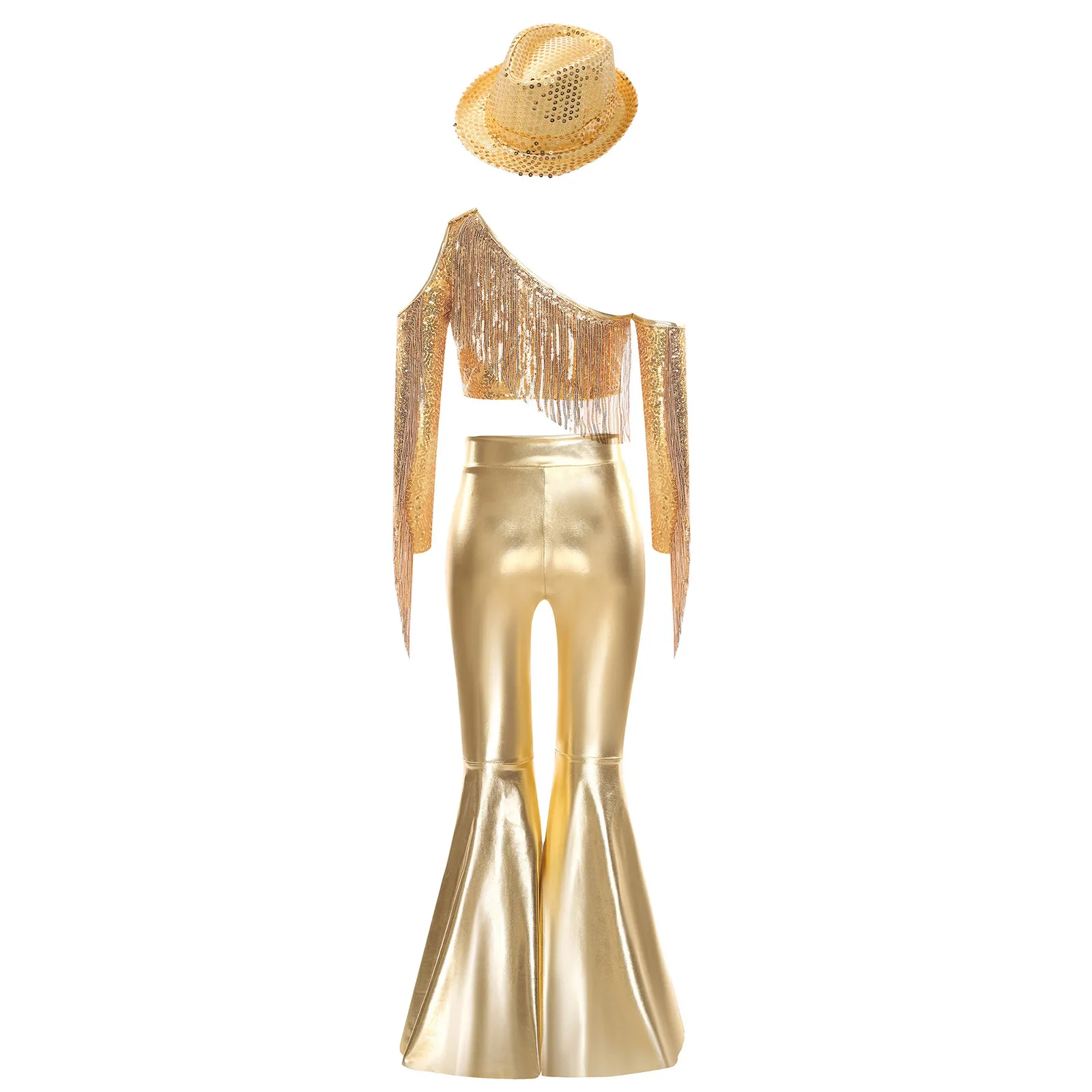 キッズガールズディスコジャズダンスコスチュームワンショルダースパンコールトップ+スプリットベルボトムパンツ+帽子ページェントセットベリーダンスパフォーマンス用