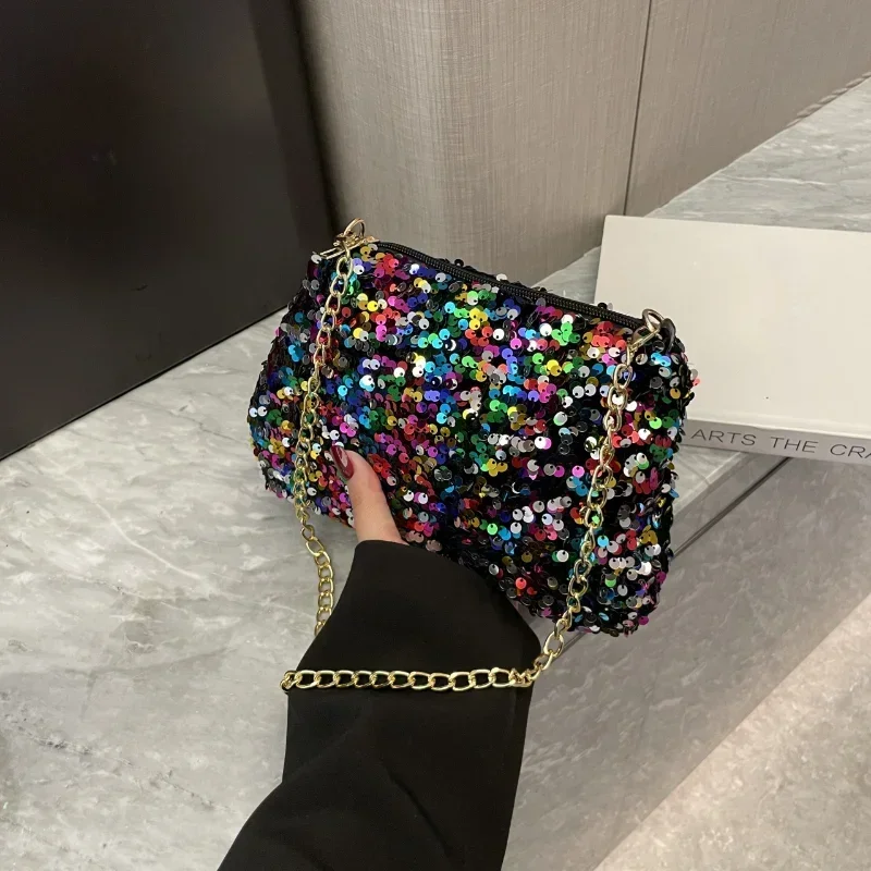 

Sequins Crossbody Chain Bag Simple INS Solid Color Sequins Shoulder Bag Underarm Bag Phone Purse Evening Clutch Bags Handbag