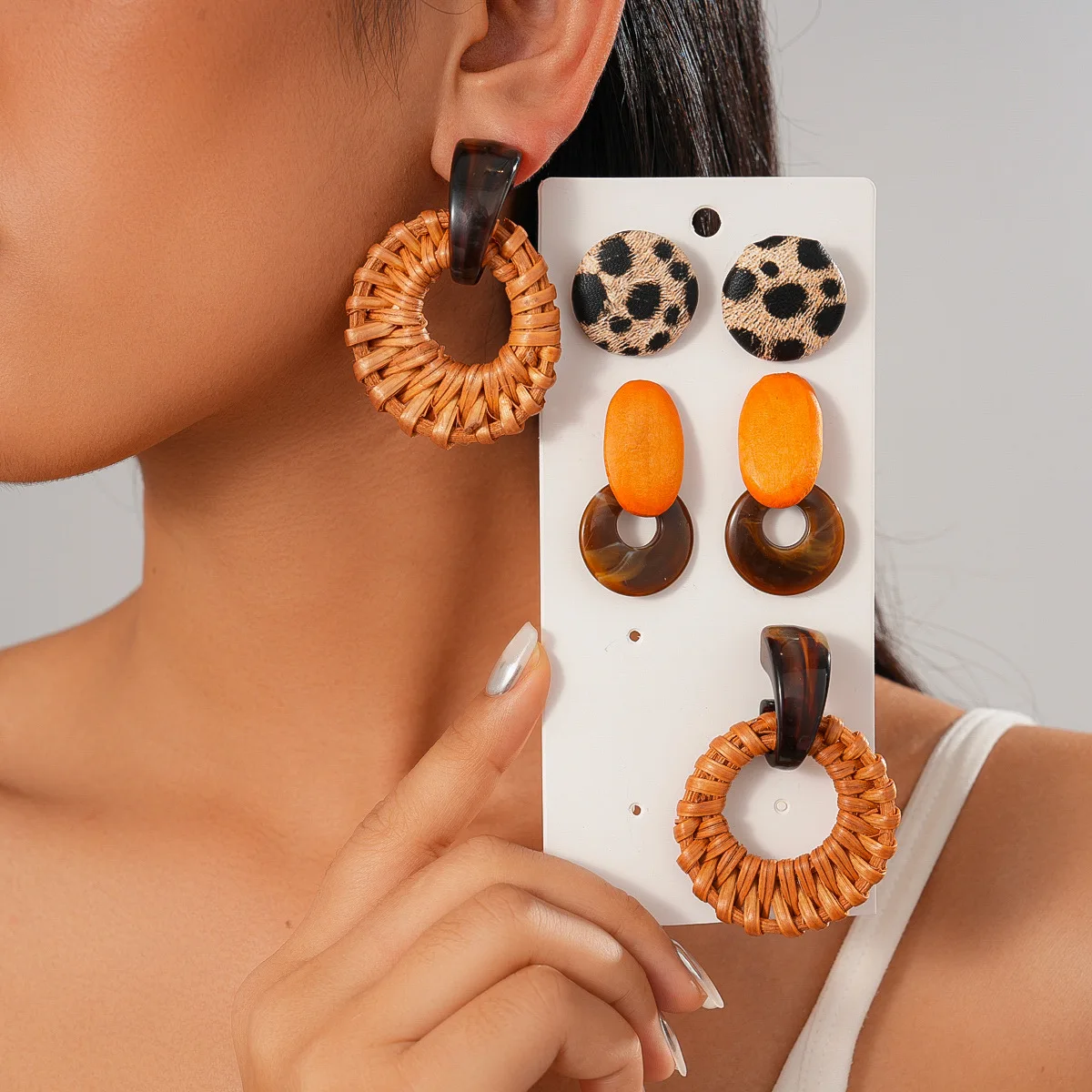 6/10 Pcs Geometric Resin Dangle Earrings Sets Retro Round Leather Leopard Print Earring Rattan Woven Pendant Earrinngs Party K