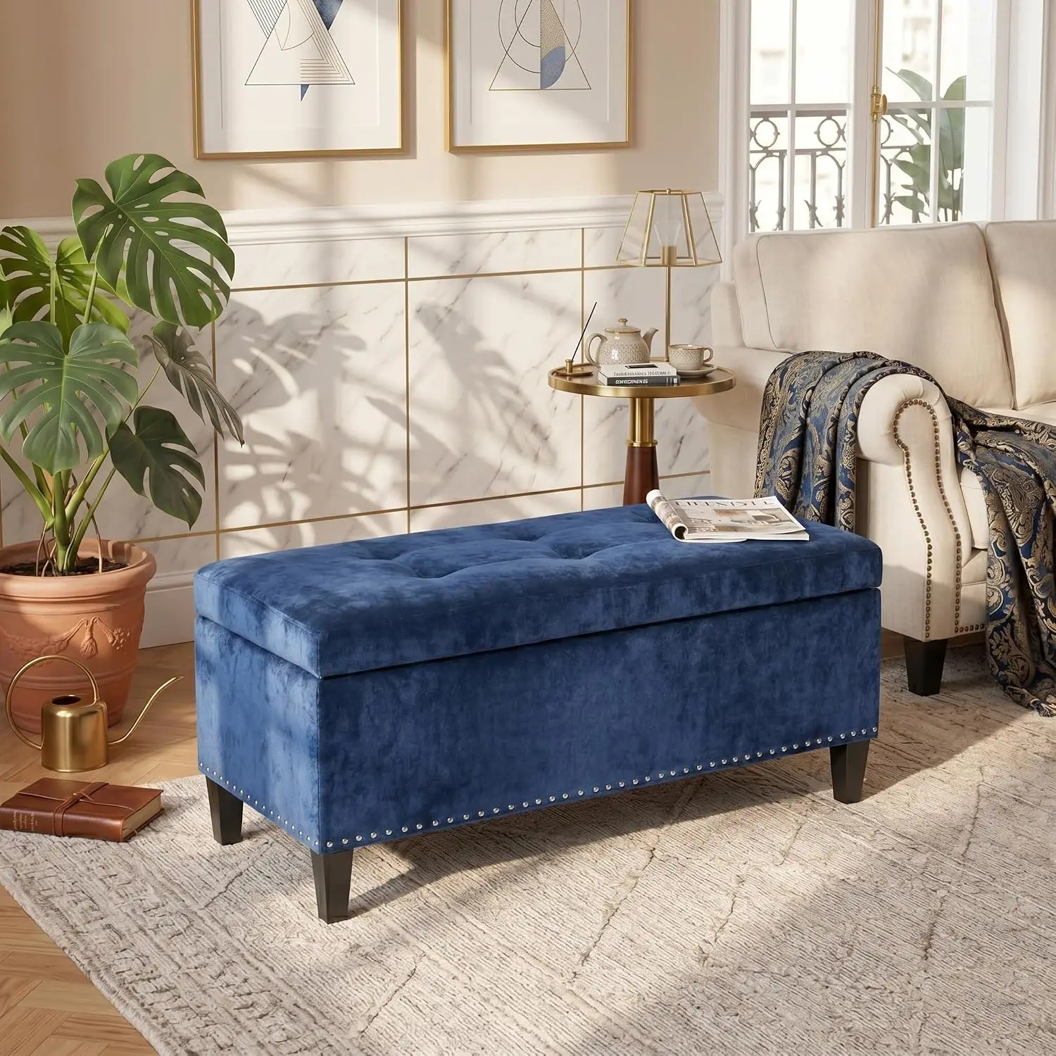 Microfiber Tufted Storage Ottoman Bench with Safety Hinges, Rectangular Bedroom & Entryway Bench, 41