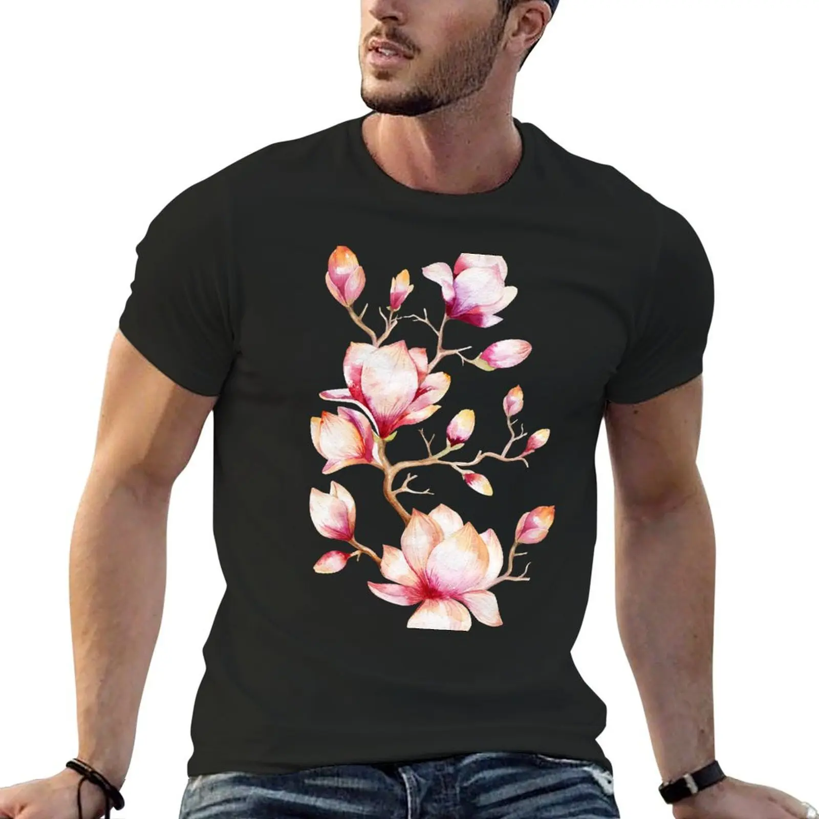 Beautiful watercolor pink magnolia T-Shirt shirts graphic tees blue archive custom shirt T-shirt men