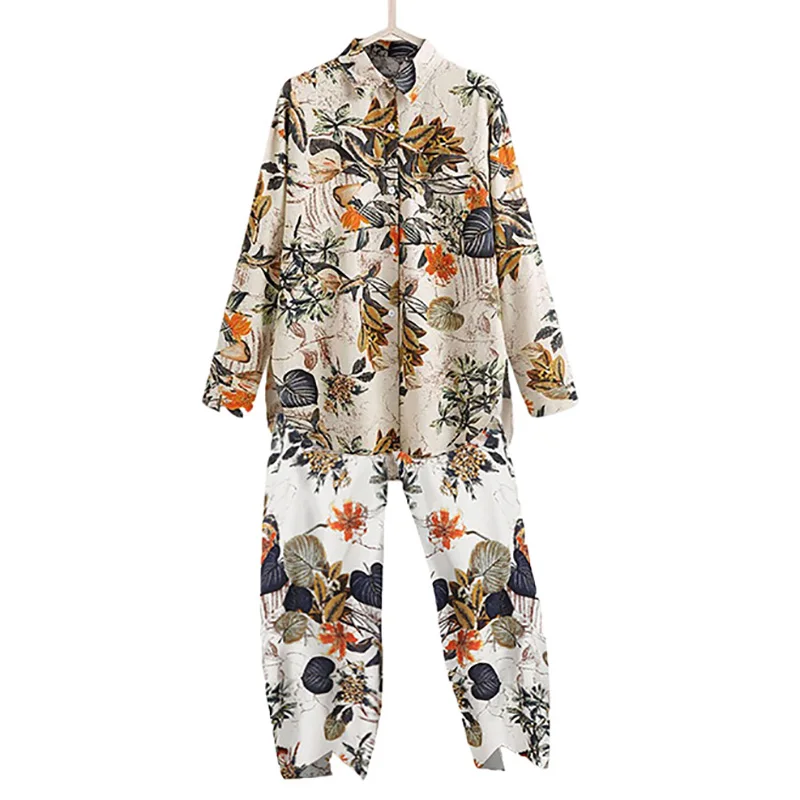 

Spring Summer Women Suit 2023 New Print V-neck Long Sleeve Split Top And Irregular Wide Leg Trousers Two Piece Sets Casual Suit