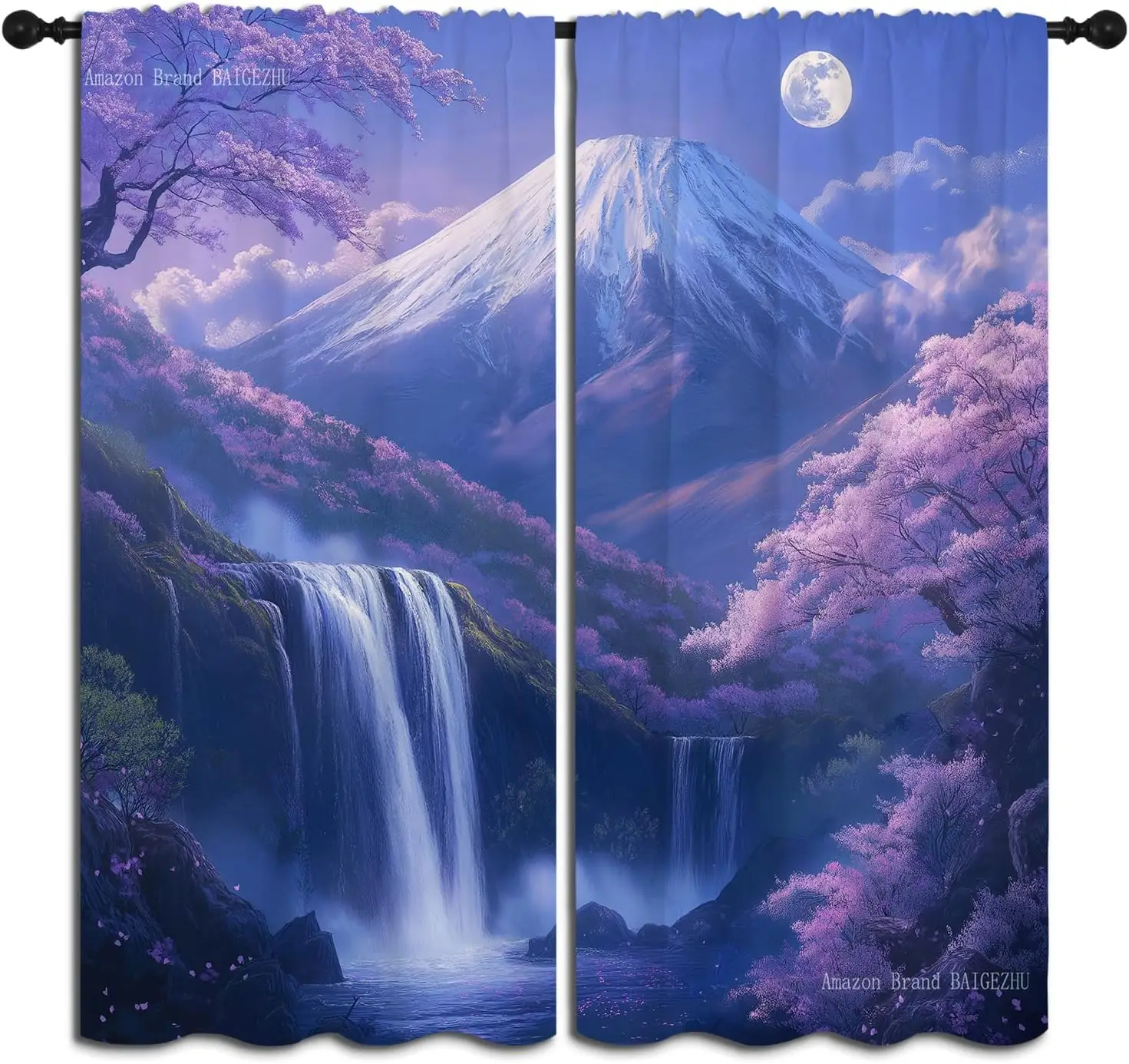 Japanese Mount Fuji Boy Girls Blackout Curtains,Full Moon Cherry Blossom Oriental Nature Landscape, 2 Panel Rod Pocket Thermal
