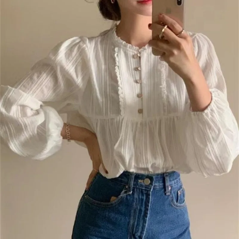 

Female Spring Summer Korean Button Solid Color O-neck Women Shirts Simplicity Appear Thin Retro Fashion Long Sleeve O-neck Tops
