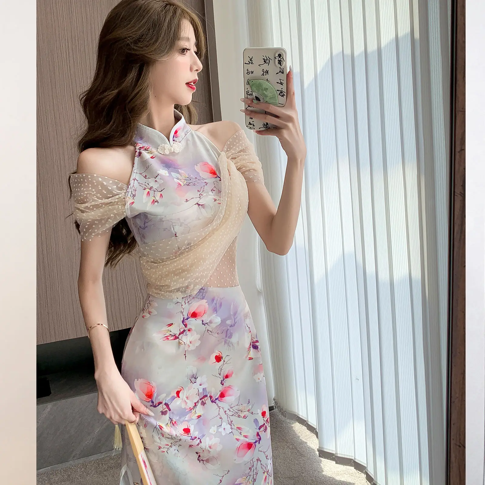 

Light Luxury Sexy Dress Qipao Socialite Temperament Dress Dress Slim Waist Short Sleeve off-shoulder Stitching Package Buttocks