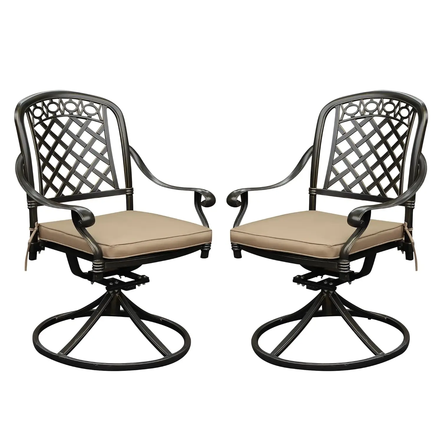 

Комплект из 2-х поворотных обеденных стульев из литого алюминия для улицы, всепогодные поворотные кресла-качалки для патио с подушками, на заказ