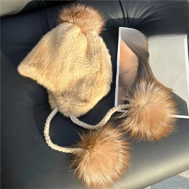 Fur hat children double-sided elastic high-density woven casual warm cute and ear-protecting balls
