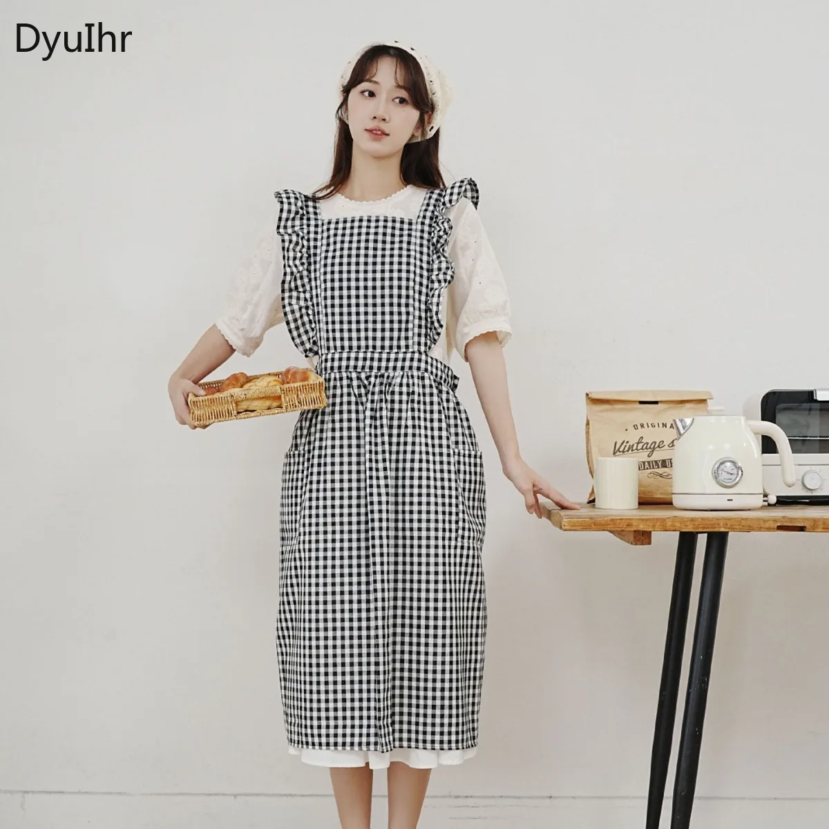 1 pc apron French retro ruffled apron Plaid apron Women's Home Work Clothes