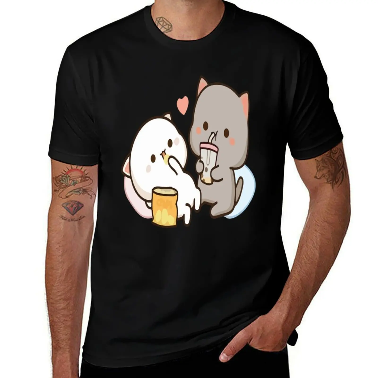 

Mochi Mochi Peach Cat with Chips Premium T-Shirt man graphic t shirt cotton t shirts man 100% T-Shirt