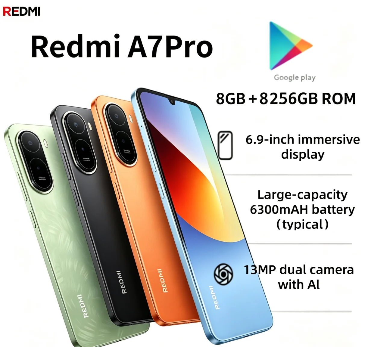 2026 Hype Selling Redmi A7Pro Gaming‑Optimized Unlocked Cellphone 8GB 256GB 6.9‑Inch FHD+ Bright Full Screen MediaTek Helio G85