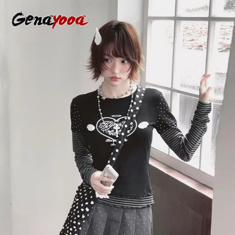 

Genayooa Y2k Fairycore Women T Shirt Patchwork Long Sleeve Print Graphic Tops Streetwear Aesthetic 2000s Tshirts Japanese Style