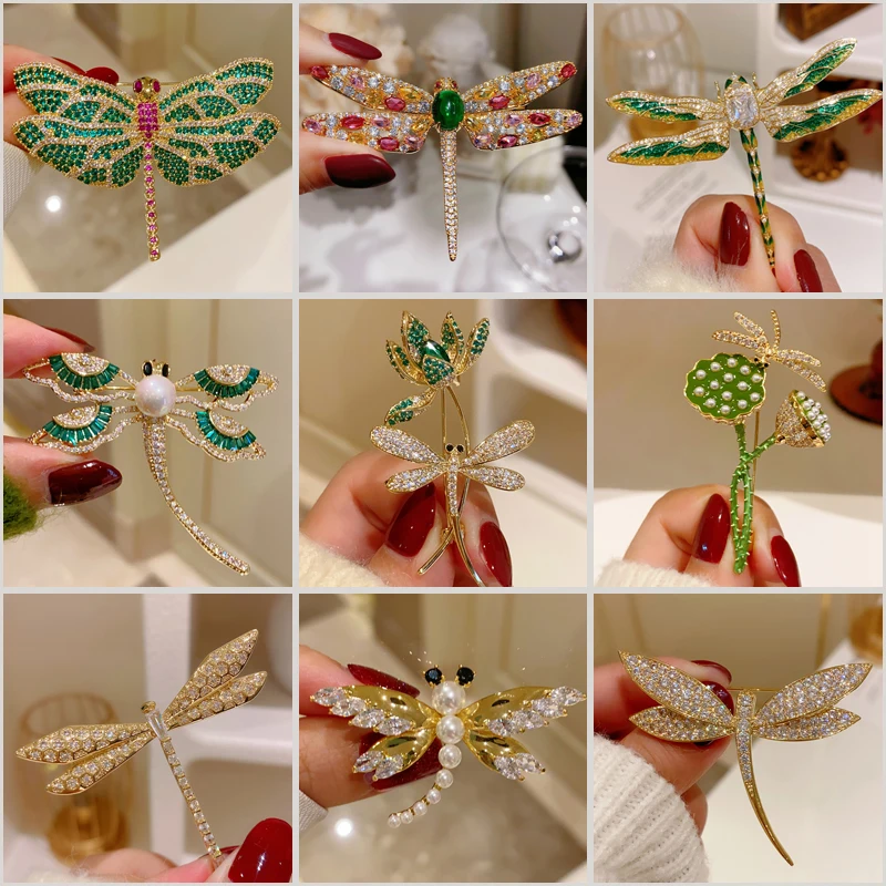 

High-end Luxury Dragonfly Brooch Women's Clothing Accessories Exquisite Vintage Zircon Gold-plated Insect Broche Pin Party Gifts
