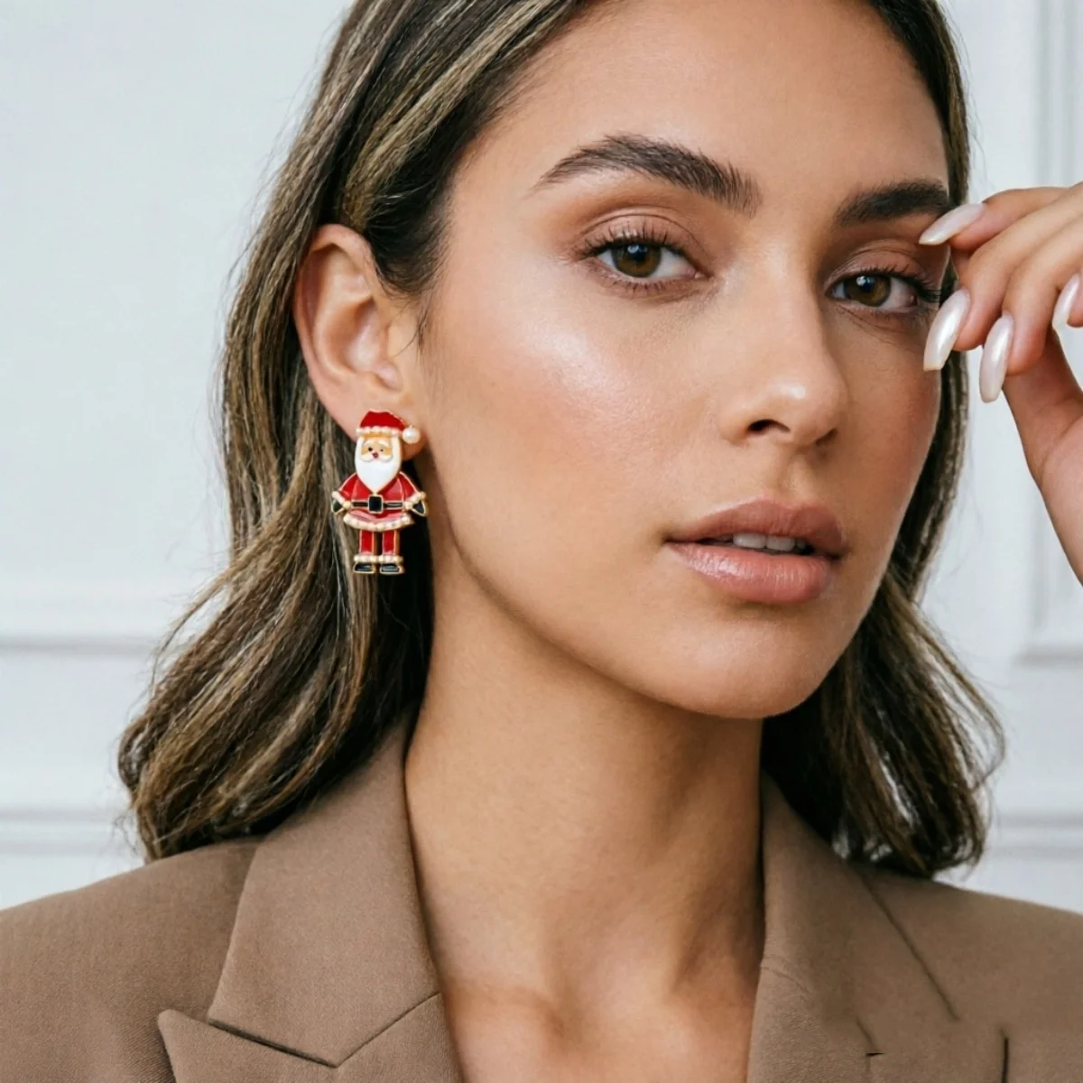 Kreative asymmetrische Ohrstecker mit Weihnachtsmann und Weihnachtsfrau mit langen Beinen für Damen, Imitationsperlen, Weihnachtsfiguren-Ohrringe, Schmuck – Detail 20