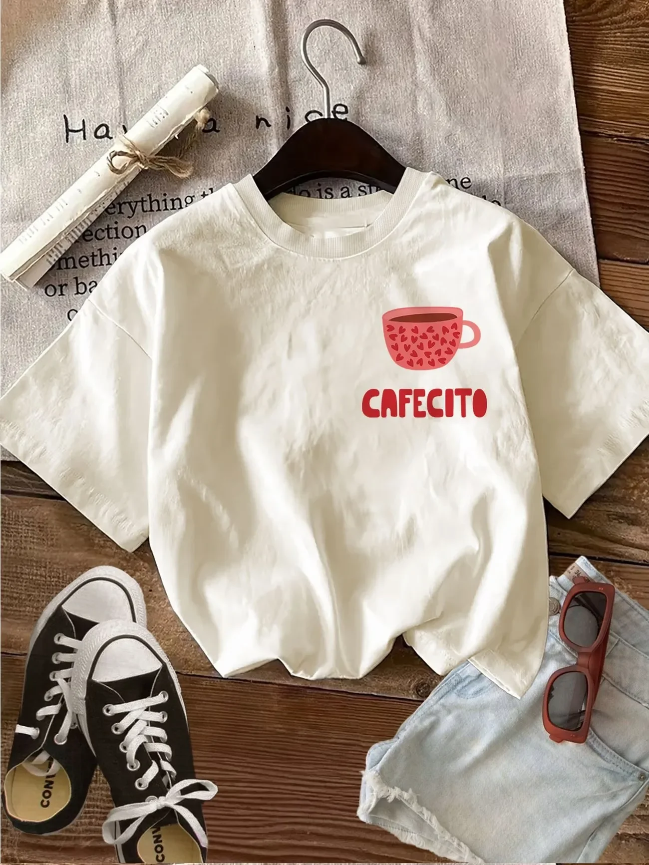 Fashion But First Cafecito Coffee Graphic T-Shirt Women Cotton Harajuku Kawaii Heart Cup Print Crew Neck Short Daily Basic Top