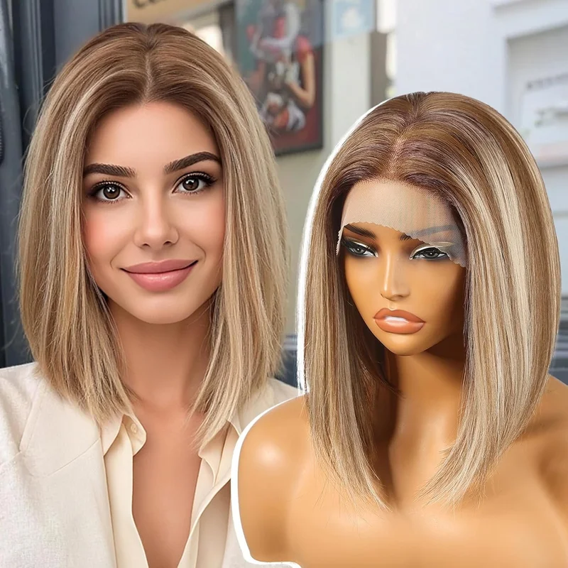 Balayage Light Brown with Blonde Highlight  Lace Front Wigs