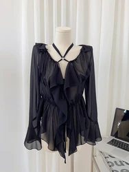 Fashion Women New Black Color Ruffle Design Halter Chiffon Shirt Pleated See-through Sexy Irregular Blouses V-neck Tie Up Chic