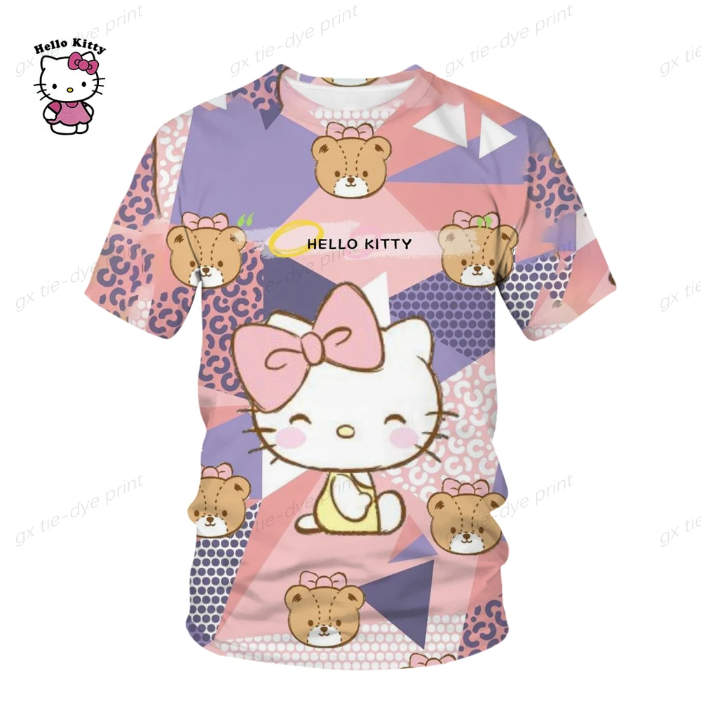 Hello Kitty Boys Girls T-shirts Oversized Men's T-shirts 3D Print New Short Sleeve Cartoon Womens T-shirts MINISO Women Clothing