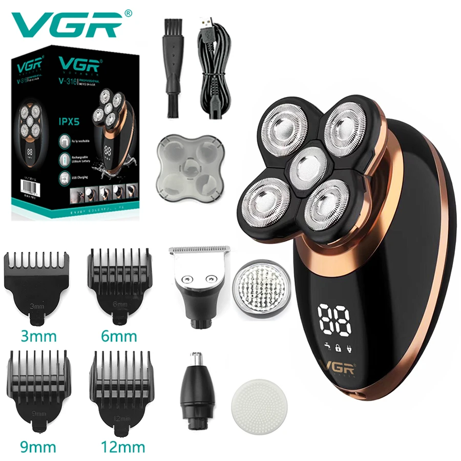 

VGR Grooming Kit Set Hair Trimmer 5 In 1 Beard Shaver Nose Trimmer Waterproof IPX5 Electric Shaver Razor Clippefor Men V-316