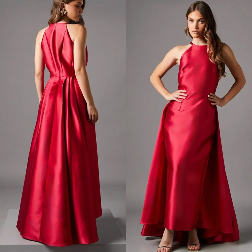 

Customized Formal Red Satin Evening Dresses Classic Sleeveless Homecoming Dresses Temperament Sweep Train Vestido De Festa