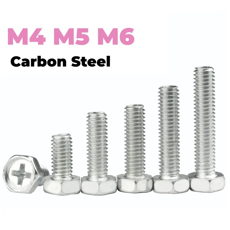 Iron Galvanised Carbon Steel M4 M5 M6 External Hex Screw Small Head Cross Groove Recess Outer Hexagonal Bolts