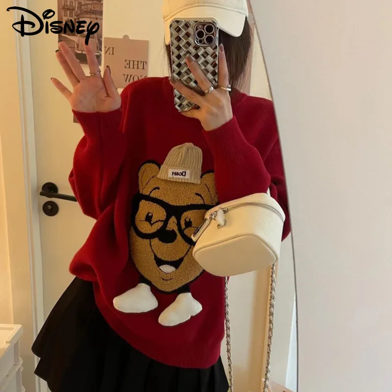 Disney Cartoon Pooh Bear Lotso Red Sweaters Korean Style Round Neck Soft Knit Pullovers For Women Y2k Autumn Winter Top Shirts