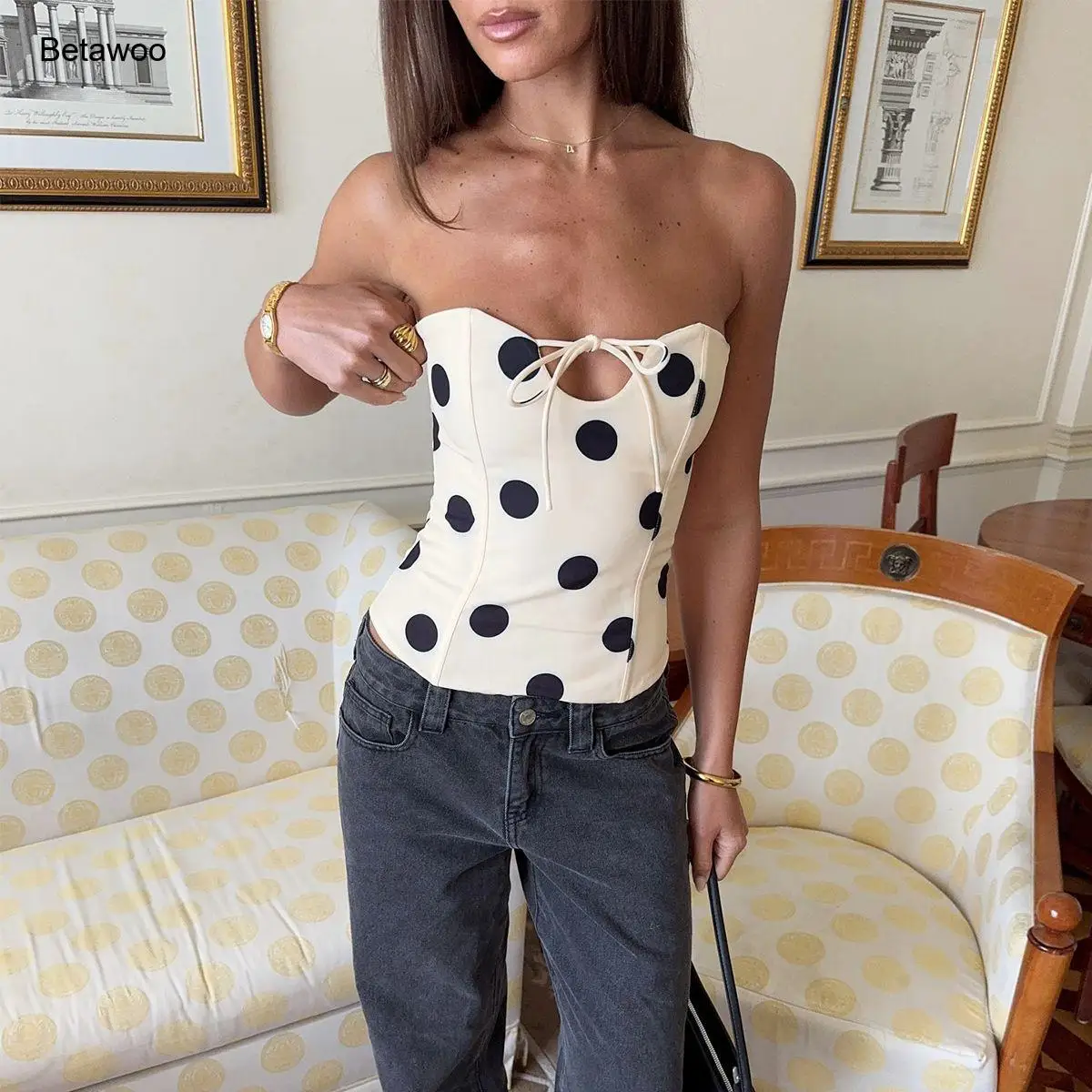 Women's Polka Dot Corset Top Strapless Sweetheart Neck Tie Front Sexy Vintage Crop Tops