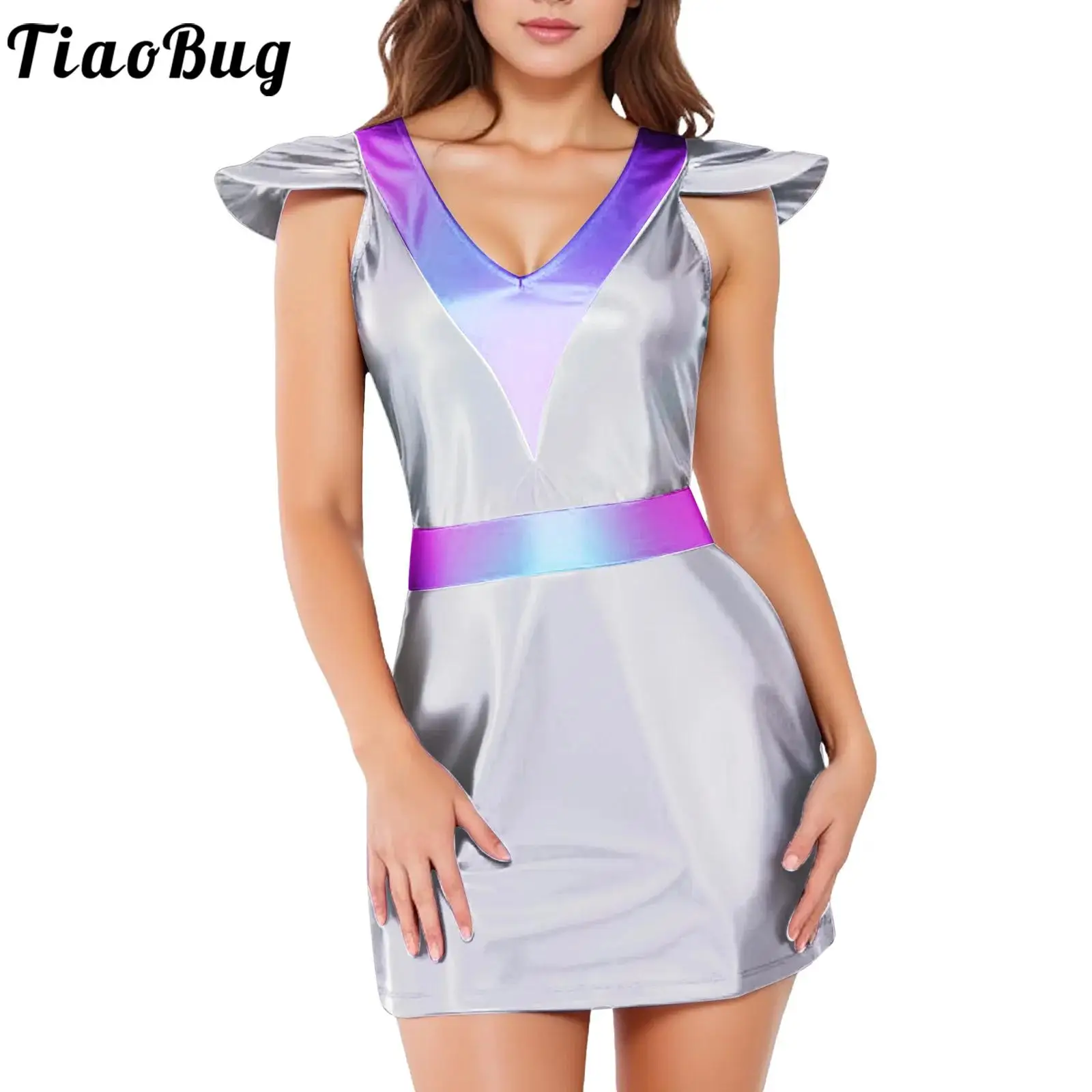 

Women Space Astronauts Costume Halloween Themed Party Metallic Shiny Flying Sleeve Zipper Dress for Cosplay Performance Clubwear