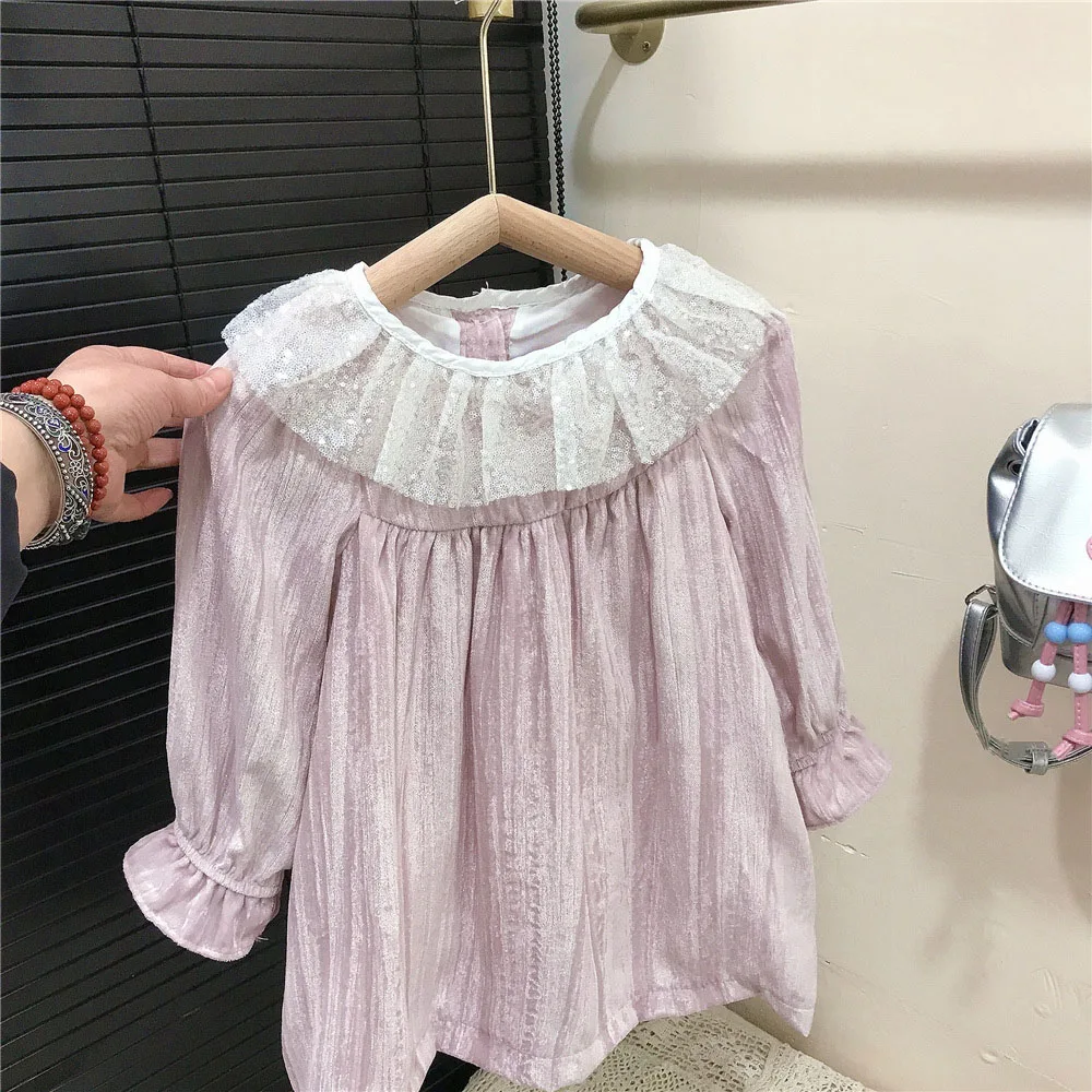 Girls Sweet Pink Velvet Dress Shiny Sequins O-neck Long Sleeve A-Line Velour Frocks 2025 Spring New Kids Outfit Vestidos 2-8Y