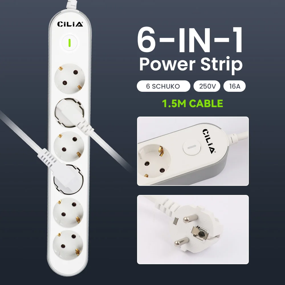 CILIA European plug power board extension cord socket, EU round pin AC power socket 2500W charging adapter