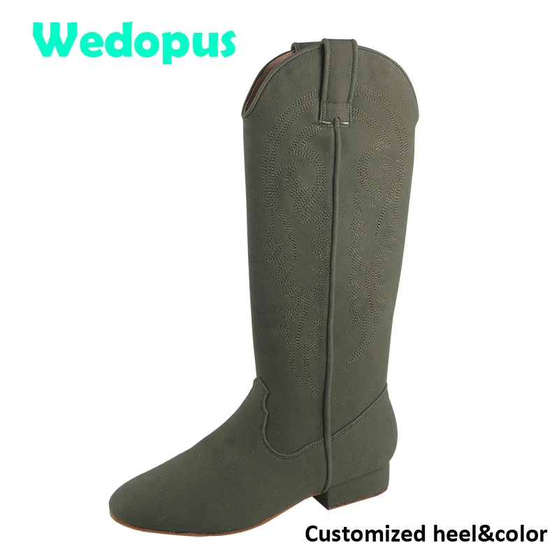 Wedopus Customized Heel Long Women's Dance Boots Suede Sole with Embroidery Nice Shape Country Dance Boots Green