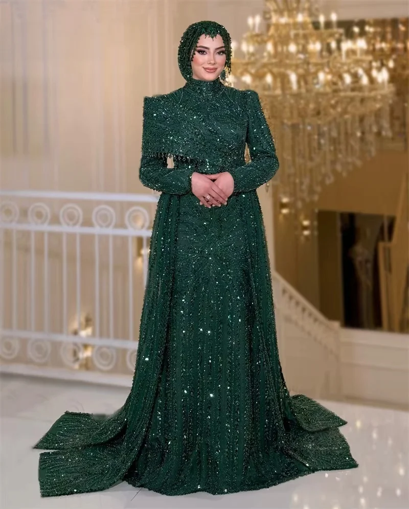 Green Long Sleeves Middle Eastern Evening Dresses Luxury Beaded Saudi Arabia Dubai Robe De Soiree Prom Dress Gown Customized