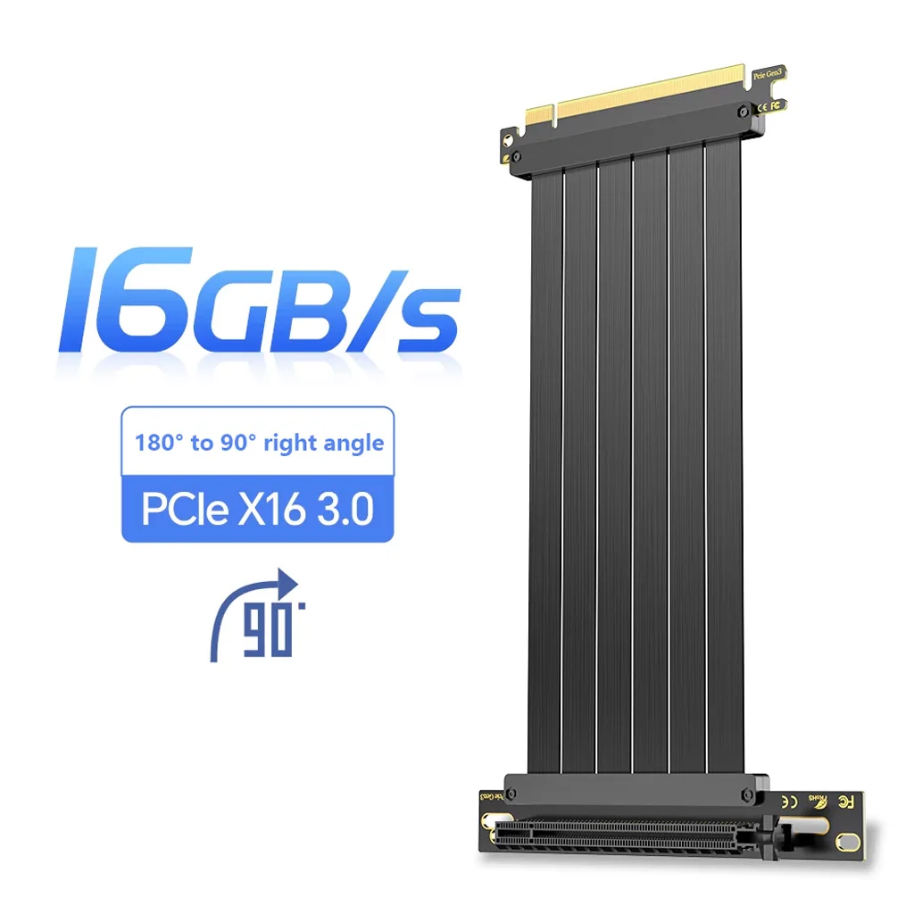 PCIe 3.0 / 4.0 X16 GPU Extension Riser Cable 90‑Degree 180° Dual Reverse Black For Vertical Graphics Card Mount ITX ATX Chassis
