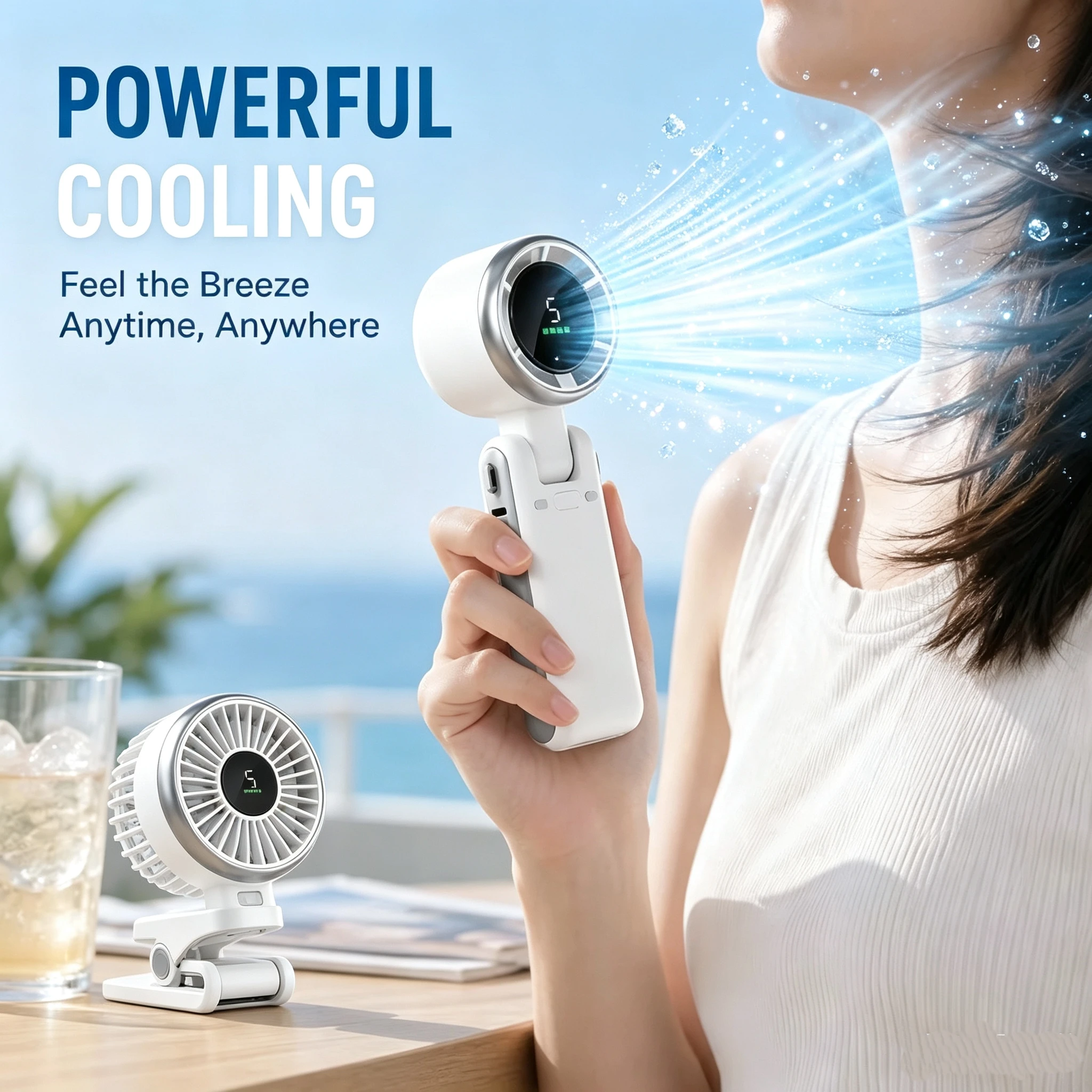 Handheld High-Speed Fan Hair Dryer, Digital Screen Displaying USB Port, Five Adjustable Outdoor Hanging Neck Handheld Fan